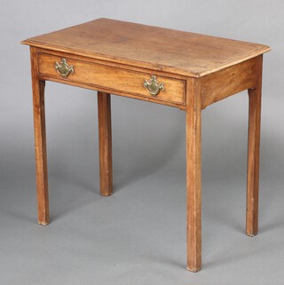 A 19th Century rectangular mahogany side table fitted a frieze drawer with brass plate drop handles, raised on square supports  71cm h x 79cm w x 45cm d 