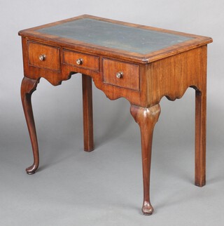 A Queen Anne style mahogany side table with inset blue writing surface, fitted 3 short drawers, raised on cabriole supports 72cm h x 80cm w x 47cm d 