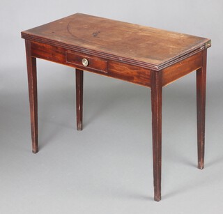 A 19th Century rectangular mahogany tea table fitted a drawer, raised on square tapered supports 73cm h x 91cm w x 45cm d 