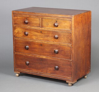 A 19th Century mahogany chest of 2 short and 3 long drawers with turned handles, raised on later shepherd's casters 91cm h x 94cm w x 48cm d 