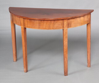 A 19th Century mahogany demi-lune table, raised on 4 square supports 72cm h x 97cm w x 45cm d 