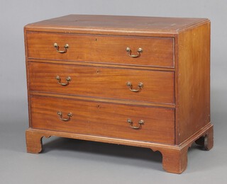 A 19th Century mahogany chest of 3 long drawers with brass swan neck drop handles, raised on bracket feet 88cm h x 107cm w x 55cm (formerly part of a chest on chest) 