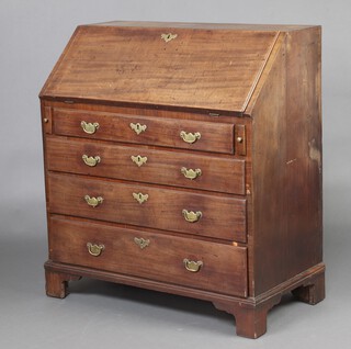 A Georgian, oak lined, mahogany bureau, the fall front revealing a fitted interior above 4 long graduated drawers with brass swan neck drop handles, raised on bracket feet 103cm h x 92cm x 50cm d 