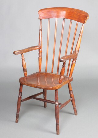 A 19th Century beech and elm Windsor stick and bar back kitchen chair with solid seat, raised on turned supports with H framed stretcher 110cm h x 54cm w x 40cm d (seat 25cm x 28cm)  