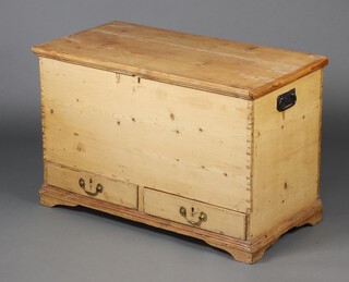 A Victorian pine mule chest with hinged lid, base fitted 2 drawers with brass drop handles, raised on bracket feet 61cm h x 95cm w x 48cm d 