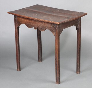 An 18/19th Century rectangular side table, the top formed of 3 planks, having a shaped apron, raised on square supports 72cm h x 76cm w x 50cm d 