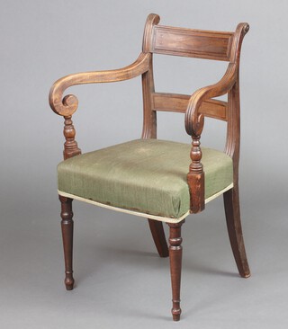 A 19th Century inlaid mahogany bar back desk/carver chair with overstuffed seat, raised on turned supports 87cm h x 57cm w x 45cm d (seat 27cm x 28cm) 