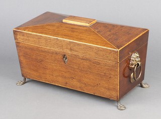 A 19th Century rectangular inlaid mahogany twin compartment tea caddy with hinged lid, escutcheon missing, complete with bowl 15cm h x 31cm w x 15cm d 