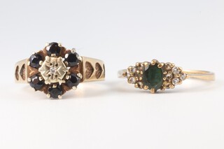 Two 9ct yellow gold rings, 1 set sapphires the other an emerald and diamond chips, 5.5 grams, sizes M and P 