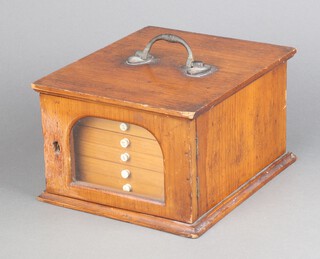 A Victorian rectangular oak table top collector's cabinet with brass carrying handle, fitted 6 drawers with turned ivory handles, enclosed by a glazed panelled door 30cm h x 19cm w x 22cm d Ivory Exemption Certificate 223MEVGX