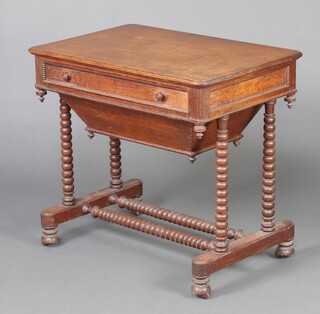 A Victorian rectangular oak work table fitted a drawer and deep basket, raised on ring turned supports with double H framed stretcher 68cm h x 76cm w x 50cm d 