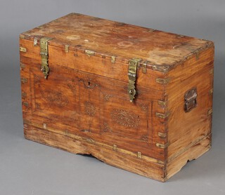 A 19th Century Indian hardwood and brass banded trunk with fitted tray  interior, 48cm h x 73cm w x 37cm d 