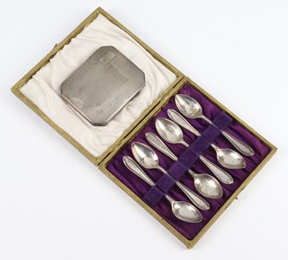 An Art Deco silver cigarette case Birmingham 1927 and 6 coffee spoons Sheffield 1923, gross weight 158 grams 