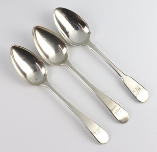 A pair of George III Old English pattern silver table spoons Newcastle 1809 and a later ditto, 210 grams 