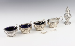 An Edwardian 5 piece silver cruet set with repousse decoration, Birmingham 1902, 276 grams gross 