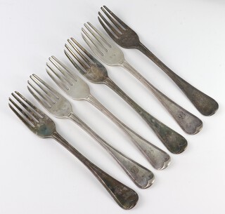 A set of 6 George III silver Old English Thread pattern dinner forks with engraved monogram London 1817, 424 grams 