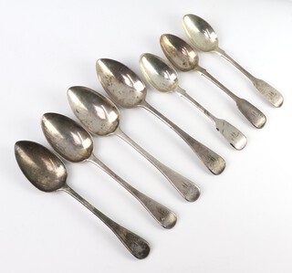 Four George IV silver dessert spoons London 1824 and 3 odd teaspoons, 226 grams 