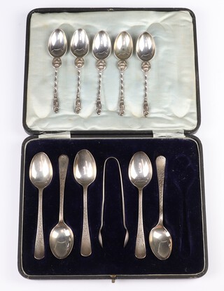 Five Edwardian silver teaspoons with figural terminals, 5 other teaspoons and a pair of sugar nips, 176 grams 