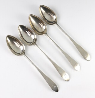 Four George III silver dessert spoons with engraved monogram Edinburgh 1788, 116 grams 