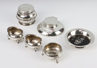 An Edwardian silver capstan inkwell with pen shelf, rubbed marks, 10cm, a lidded box, a silver and tortoiseshell tray and 3 condiments, weighable silver 116 grams 