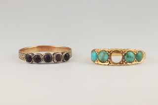 Two 9ct yellow gold gem set rings, 1 x 4 (ex 5) turquoise, the other 5 garnets, size M and R, 3.6 grams 