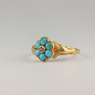 A Victorian yellow gold, testing as 18ct,  turquoise and diamond ring, size O, 2.2 grams 