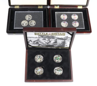 A set of 4 silver Battle of Britain 75th Anniversary Commemorative coins, 3 ditto Saluting Our Armed Forces 2011 and 4 commemorative enamelled coins 2011, 308 grams 