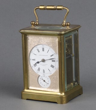 A 19th Century Swiss 8 day carriage timepiece, the circular enamelled dial with Roman numerals, marked J M Badollet 14 Rue Du Strand Geneve, contained in a gilt metal case 11cm h x 8cm w x 7cm d, complete with key 