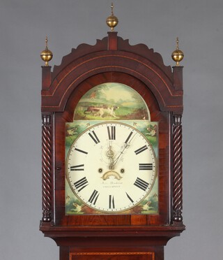 John Benham of Collumpton, a 19th Century longcase clock, the 35cm arched dial painted a shooting scene, the spandrels painted dogs with subsidiary second hand and calendar aperture, contained in an inlaid mahogany case 222cm h x 53cm w x 23cm d, complete with pendulum, weights and key 