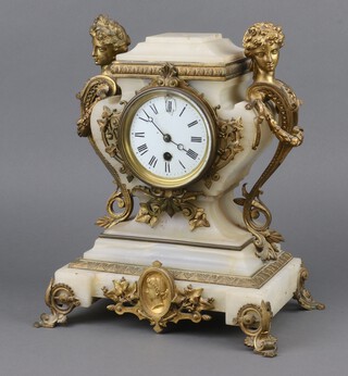 A 19th Century French 8 day timepiece with 10cm enamelled dial, contained in a white marble and gilt mounted case 35cm h x 29cm w x 19cm d, complete with pendulum but no key 