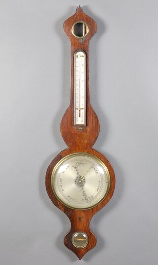 H Miskin of Canterbury, a 19th Century mercury wheel barometer and thermometer with 19cm silvered dial contained in a rosewood wheel case with thermometer and spirit level