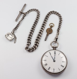 A silver key wind pocket watch 40mm on a ditto Albert with paste fob 