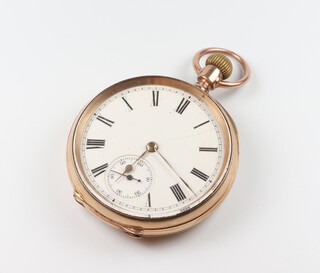 A yellow gold testing as 9ct, mechanical pocket watch  with seconds at 6 o'clock, contained in a 50mm case with presentation inscription dated 1898, the movement numbered 6517985 and inscribed A W W C Riverside, Waltham Mass, gross weight including movement and glass 94.5 grams 