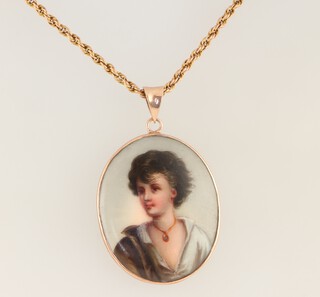 A 9ct yellow gold rope twist necklace, 46cm, 4.2 grams, with a yellow metal mounted oval painted porcelain pendant 