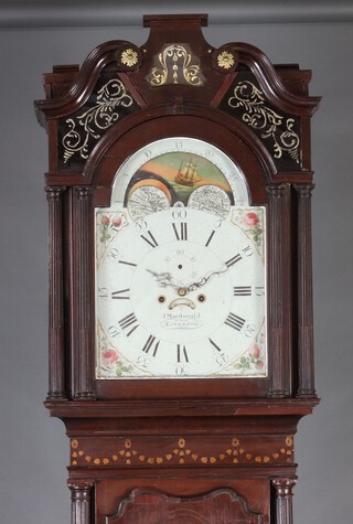 J Macdonald of Liverpool, an 18/19th Century longcase clock, the 36cm arched painted dial with phases of the moon, Roman numerals, minute indicator, calendar aperture and spandrels painted roses, contained in an inlaid mahogany case, complete with weights and pendulum (but no key)  237cm h 