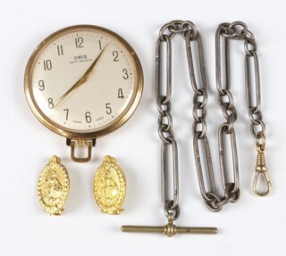 A gentleman's Art Deco gilt cased dress pocket watch by Oris 50mm (in working order), a silver Albert and 2 silver gilt badges 