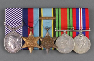 A group of 5 medals to 1437778 Flight Sergeant Edward Sutton Royal Air Force Volunteer Reserve comprising George VI issue Distinguished Flying Medal (London Gazette, 17th October 1944), 39-45 Star, Air Crew Europe Star with bar France and Germany, Defence and War medal, the Air Crew Europe and 39-45 Star have been mounted on the wrong ribbons 