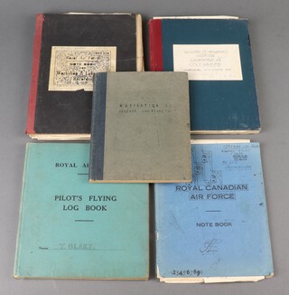 A Royal Air Force Pilot's flying log book to Sergeant Trevor Blake with entires for 1943, record for navigator's use and standard telegraph 1938, RAF work shop laboratory record book and 2 exercise books  