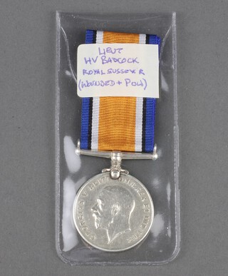 A British War medal to Lieutenant H V Badock together with an extract from the War Diary, 11th Battalion Royal Sussex Regiment April 1918, London Gazette entry 22nd August 1916 and other paperwork 