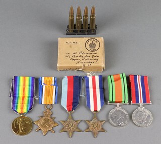 A group of 2 medals to S4-064552 Private J Shaw Army Service Corps comprising a 1914 Star and a Victory medal, together with a group of 4 Second World War medals - 1939-45 Star, France and Germany Star, Defence and War medal in paper postage box together with a clip of 4 bullets 