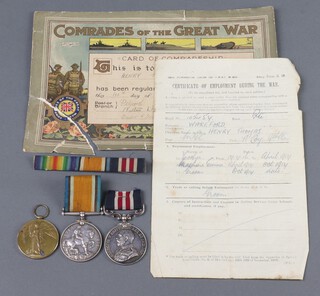 A group of 3 medals to Private 105457 Henry Thomas Wakeford Machine Gun Corps and The Queens Regiment comprising George V Military medal named 105457 Private H Wakeford 15/Machine Gun Corps, British War medal and Victory medal named 22630 Private H T B Wakeford The Queens Regiment, together with medal ribbon bar, certificate of employment during the war and Comrades of The Great War certificate date 1920 (tear to left hand corner) 