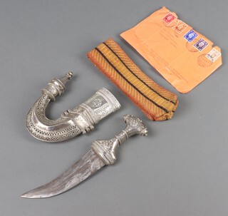 A Jambiya with 14cm blade complete with scabbard and cloth belt together with a handwritten letter to Captain O A Spencer relating to a first day cover 