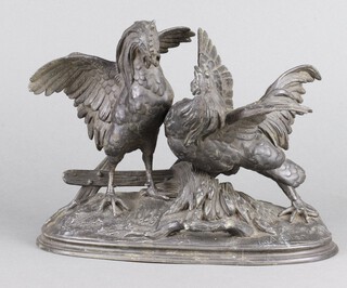 After Dion, a  19th Century Continental spelter figure  of 2 fighting cocks 18cm x 24cm x 11cm 