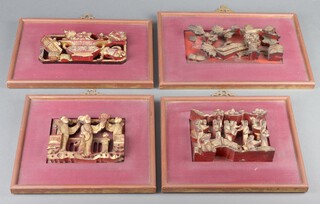 Four rectangular Chinese pierced carved gilt wood plaques depicting figures 10cm x 15cm, framed