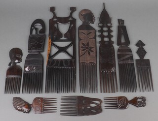 Ten African carved ebony Afro combs 