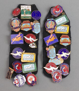 Two 1949 Butlins Royal Albert Hall Reunion Badges, 3 1950 ditto, together with 19 other Butlins badges, a Pontins Bay View badge, a Union of Printing, a Book Binders and Paper Workers badge, a Daily Mail Teddy Tail League badge and a Southern Railways Staff Association enamelled badge 