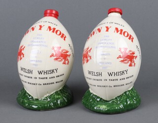 Two 50cl pottery flagons of San Y Mor Welsh whisky to commemorate the Wales V Ireland match 1987, the flagons in the shape of rugby balls 