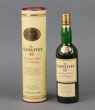 A 70cl bottle of The Glenlivet 12 Year Old Single Malt whisky with cardboard outer tube 