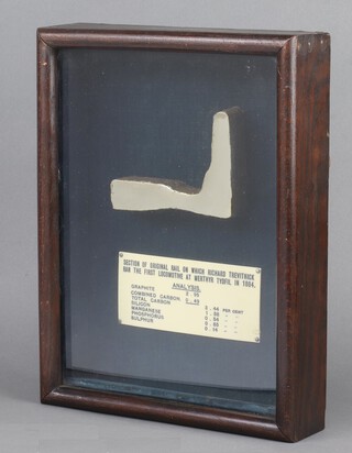 A section of iron rail from the track at Merthyr Tydfil where Richard Trevithick ran the very first locomotive in 1804, contained  in a presentation case 6cm x 24cm x  32cm complete with label showing analysis of the steel used, together with a letters page from The Engineer, dated June 4, 1920 writing about the section, itâ€™s acquisition and subsequent analysis by the prominent and respected engineer W T Anderson. This lot has been entered for sale by the family of W T Anderson.