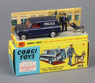 Corgi Toys, a B.M.C Mini Police van with tracker dog no.448 complete with box with insert, policeman and dog 